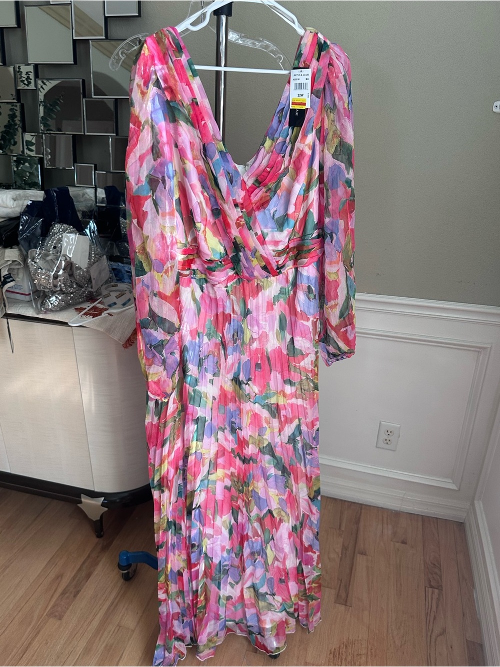 Betsy & Adam Pink Multi Floral V-Neck Pleated Maxi Dress